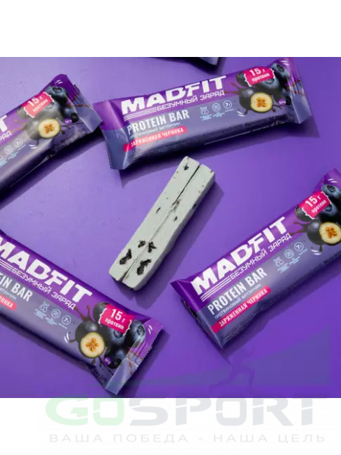 Протеиновый батончик Madfit Батончик неглазированный Protein bar 50 г, Заряженная черника