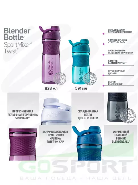  BlenderBottle SportMixer Tritan™ Twist Cap 828 мл / 28 oz, Белый