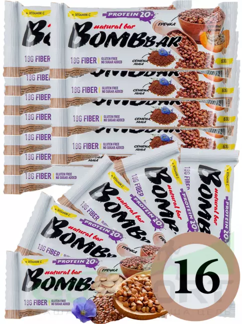 Протеиновый батончик BombBar Protein Bar 16 x 60 г, Гречишный