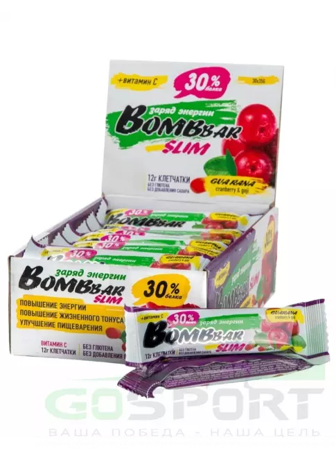 Протеиновый батончик BombBar Protein Bar Slim 30x35 г, Клюква-годжи