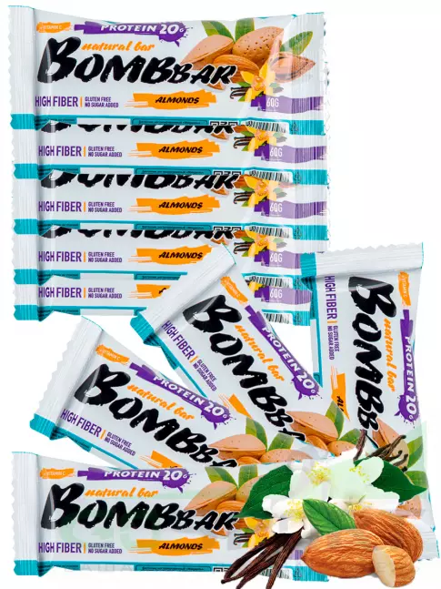 Протеиновый батончик BombBar Protein Bar 9 x 60 г, Миндаль-ваниль