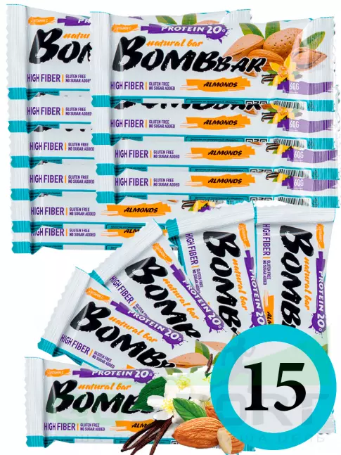 Протеиновый батончик BombBar Protein Bar 15 x 60 г, Миндаль-ваниль Протеиновый батончик BombBar Protein Bar 15 x 60 г, Миндаль-ваниль