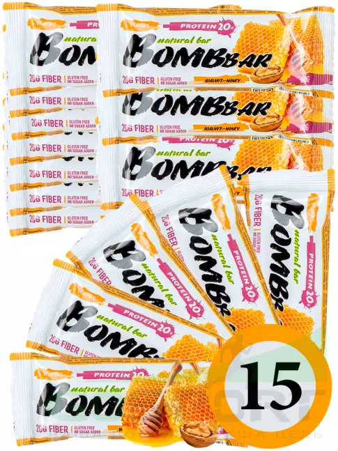 Протеиновый батончик BombBar Protein Bar 15 x 60 г, Грецкий орех с медом