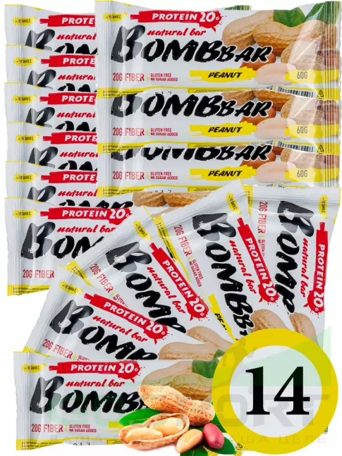 Протеиновый батончик BombBar Protein Bar 14 x 60 г, Арахис Протеиновый батончик BombBar Protein Bar 14 x 60 г, Арахис
