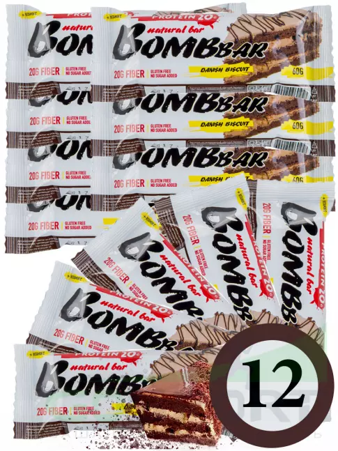 Протеиновый батончик BombBar Protein Bar 12 x 60 г, Датский бисквит