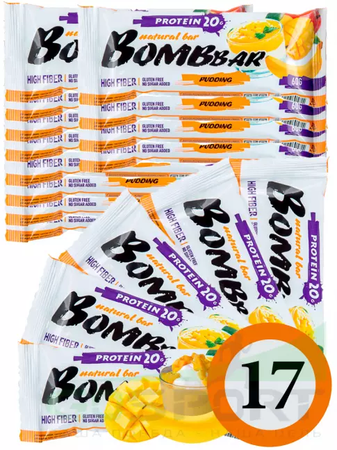 Протеиновый батончик BombBar Protein Bar 17 x 60 г, Пудинг с ароматом манго и банана