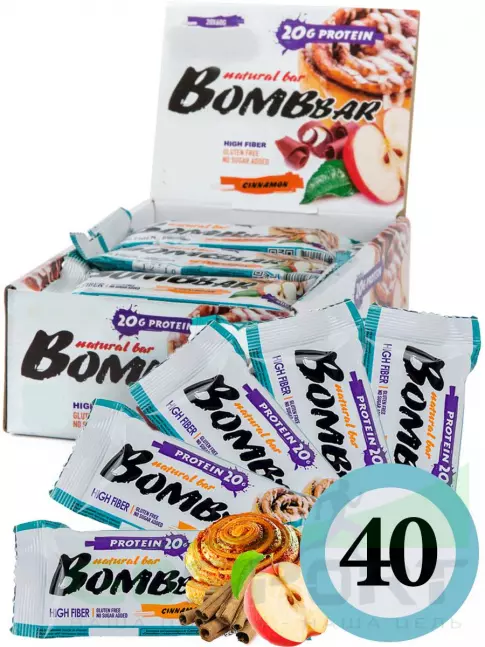 Протеиновый батончик BombBar Protein Bar 40 x 60 г, Яблоко - Корица Протеиновый батончик BombBar Protein Bar 40 x 60 г, Яблоко - Корица