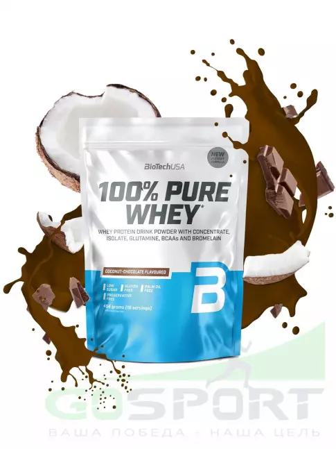 Сывороточный протеин BioTechUSA 100% Pure Whey 454 г, Шоколад-кокос Сывороточный протеин BioTechUSA 100% Pure Whey 454 г, Шоколад-кокос
