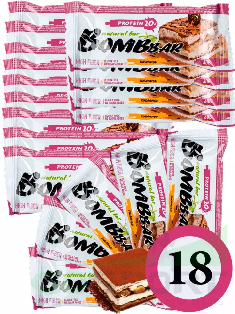 Протеиновый батончик BombBar Protein Bar 18 x 60 г, Тирамису Протеиновый батончик BombBar Protein Bar 18 x 60 г, Тирамису