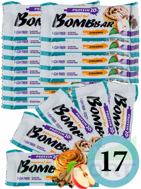Протеиновый батончик BombBar Protein Bar 17 x 60 г, Яблоко - Корица Протеиновый батончик BombBar Protein Bar 17 x 60 г, Яблоко - Корица
