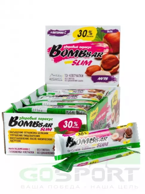 Протеиновый батончик BombBar Protein Bar Slim 30x35 г, Фундук-арахис