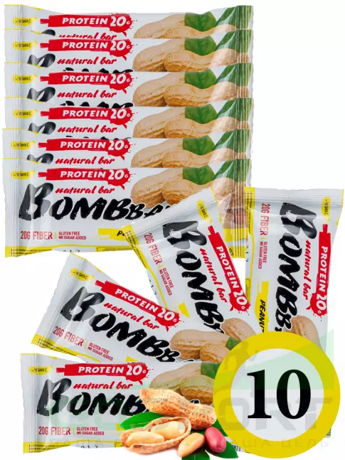 Протеиновый батончик BombBar Protein Bar 10 x 60 г, Арахис Протеиновый батончик BombBar Protein Bar 10 x 60 г, Арахис