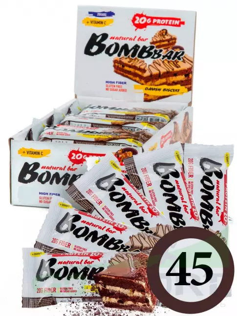 Протеиновый батончик BombBar Protein Bar 45 x 60 г, Датский бисквит