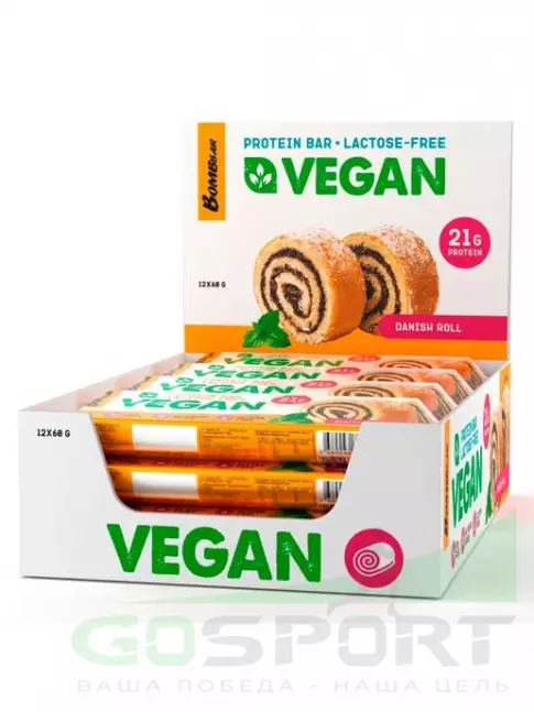 Протеиновый батончик BombBar Веганский протеиновый батончик 12 x 60 г, Датский рулет