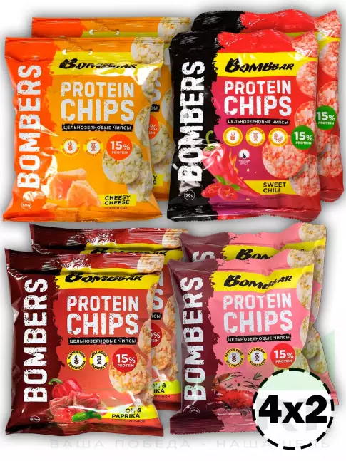 Чипсы BombBar Protein Chips 8 x 50 г, Ассорти Чипсы BombBar Protein Chips 8 x 50 г, Ассорти