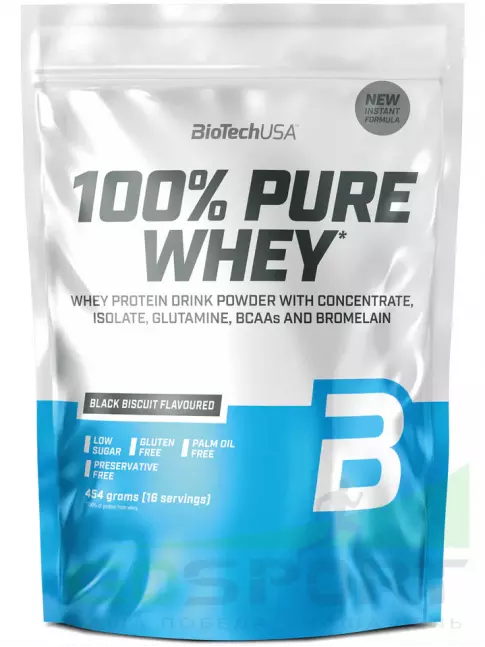 Сывороточный протеин BioTechUSA 100% Pure Whey 454 г, Черный бисквит
