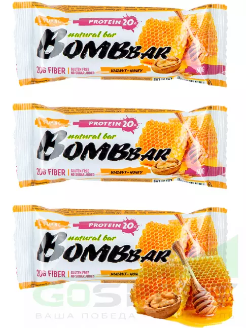 Протеиновый батончик BombBar Protein Bar 3 x 60 г, Грецкий орех с медом