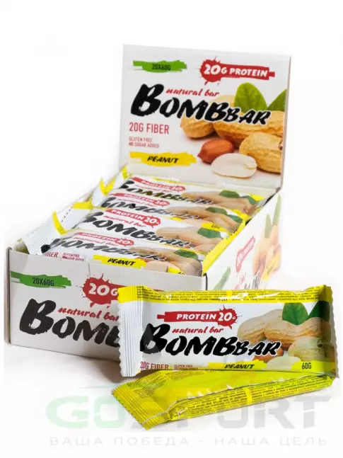 Протеиновый батончик BombBar Protein Bar 20 x 60 г, Арахис