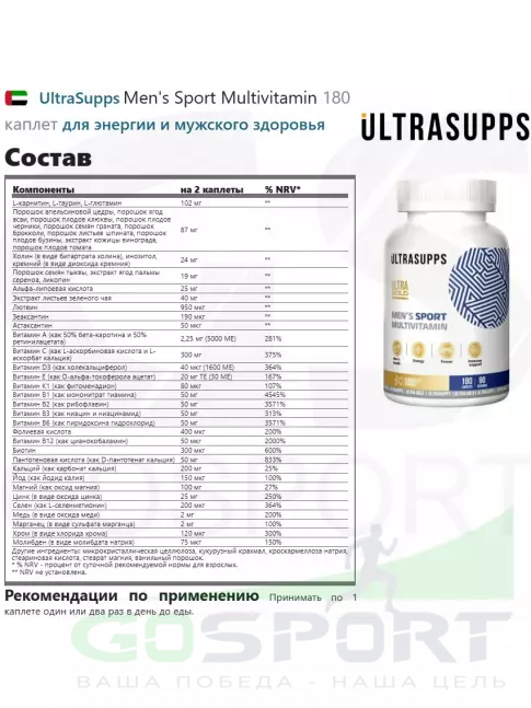 Витамины для мужчин UltraSupps Men's Sport Multivitamin 180 каплет
