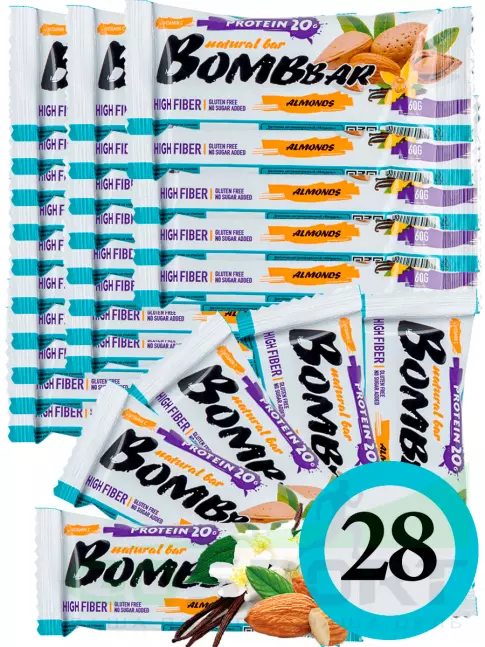 Протеиновый батончик BombBar Protein Bar 28 x 60 г, Миндаль-ваниль