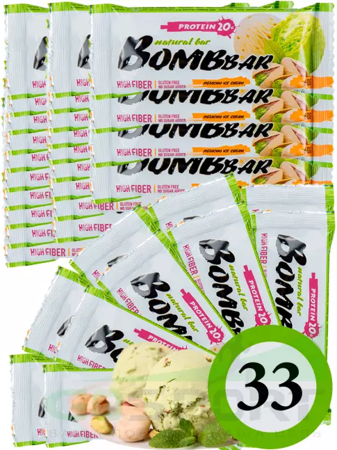 Протеиновый батончик BombBar Protein Bar 33 x 60 г, Фисташковый-Пломбир