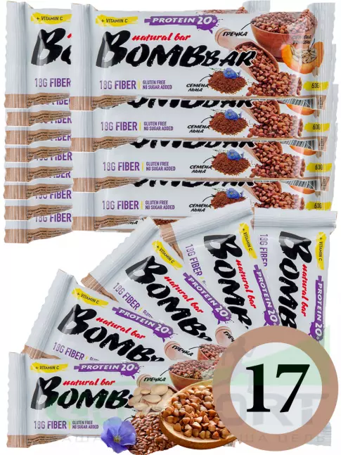 Протеиновый батончик BombBar Protein Bar 17 x 60 г, Гречишный