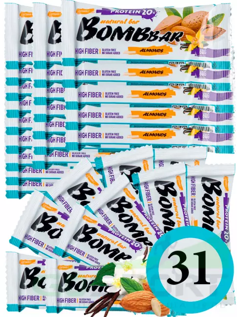 Протеиновый батончик BombBar Protein Bar 31 x 60 г, Миндаль-ваниль