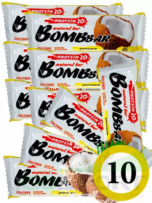 Протеиновый батончик BombBar Protein Bar 10 x 60 г, Кокос