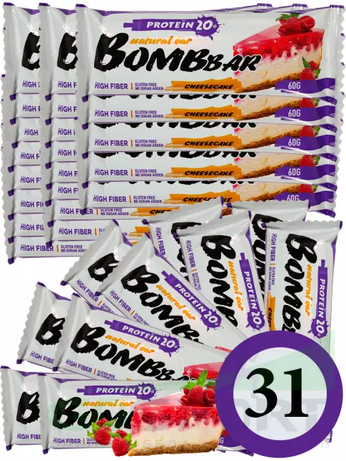 Протеиновый батончик BombBar Protein Bar 31 x 60 г, Малиновый чизкейк