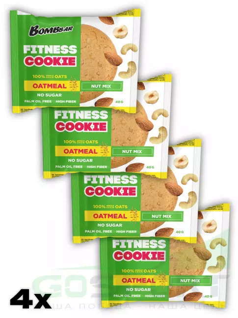 Протеиновый батончик BombBar Овсяное fitness печенье 4 х 40 г, Ореховый микс