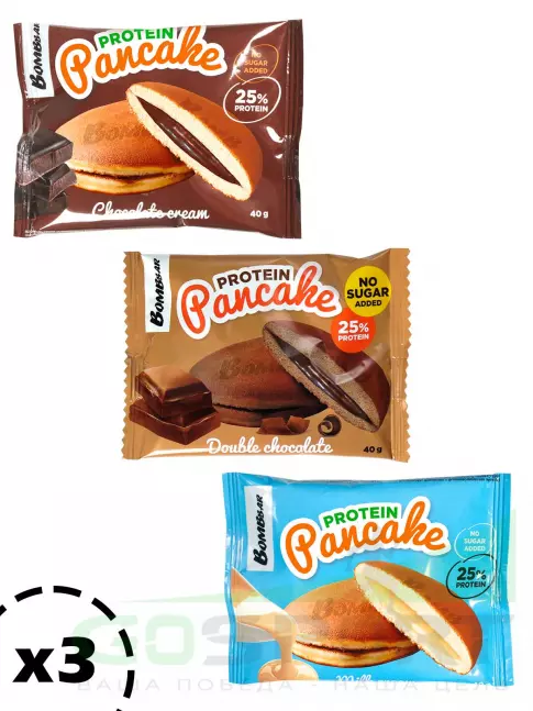 Протеиновый батончик BombBar Панкейк протеиновый 3 х 40 г, Шоколад, Двойной шоколад, Молочный крем, Клубника