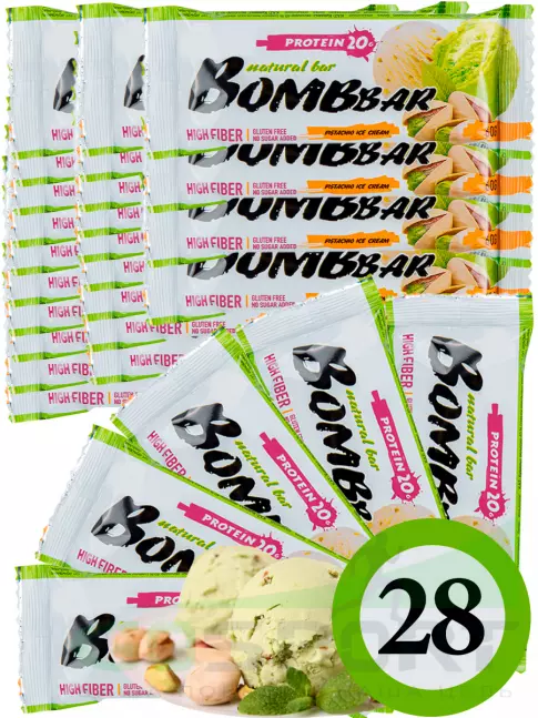 Протеиновый батончик BombBar Protein Bar 28 x 60 г, Фисташковый-Пломбир