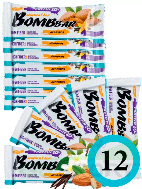 Протеиновый батончик BombBar Protein Bar 12 x 60 г, Миндаль-ваниль