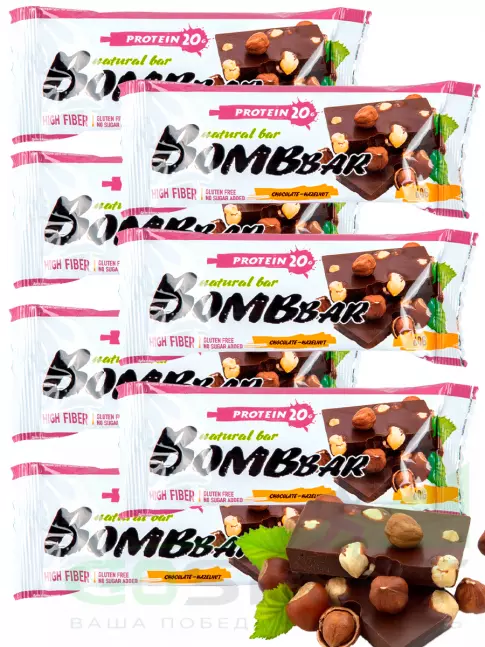 Протеиновый батончик BombBar Protein Bar 7 x 60 г, Шоколад - Фундук