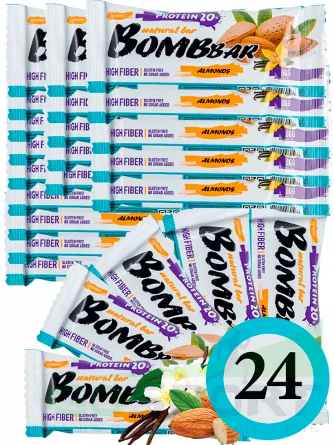 Протеиновый батончик BombBar Protein Bar 24 x 60 г, Миндаль-ваниль