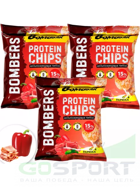 Чипсы BombBar Protein Chips 3 x 50 г, Бекон с паприкой