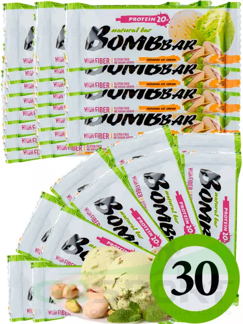 Протеиновый батончик BombBar Protein Bar 30 x 60 г, Фисташковый-Пломбир
