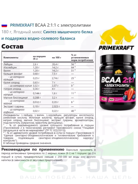 BCAA PRIMEKRAFT ВСАА 2:1:1 с электролитами 180 г, Ягодный микс