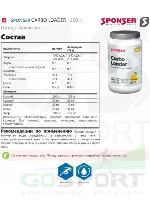 Углеводная загрузка SPONSER CARBO LOADER 1200 г, Цитрус-Апельсин