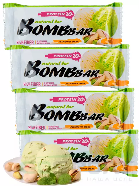 Протеиновый батончик BombBar Protein Bar 4 x 60 г, Фисташковый-Пломбир Протеиновый батончик BombBar Protein Bar 4 x 60 г, Фисташковый-Пломбир
