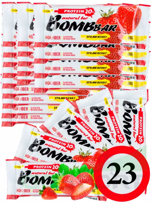 Протеиновый батончик BombBar Protein Bar 23 x 60 г, Клубника