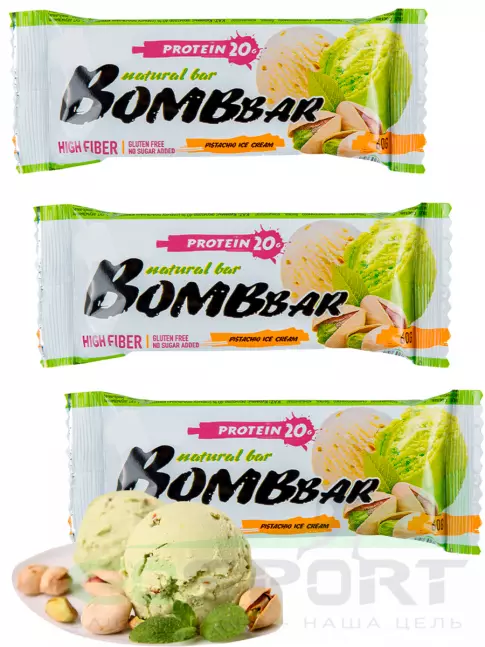Протеиновый батончик BombBar Protein Bar 3 x 60 г, Фисташковый-Пломбир