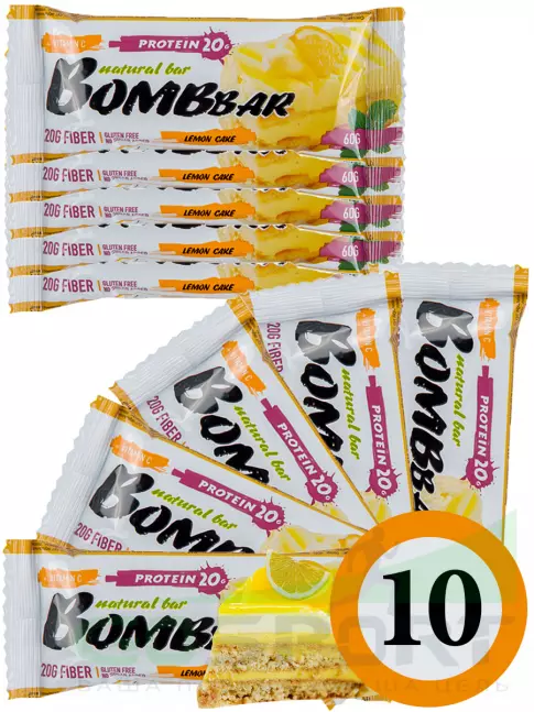 Протеиновый батончик BombBar Protein Bar 10 x 60 г, Лимонный торт Протеиновый батончик BombBar Protein Bar 10 x 60 г, Лимонный торт