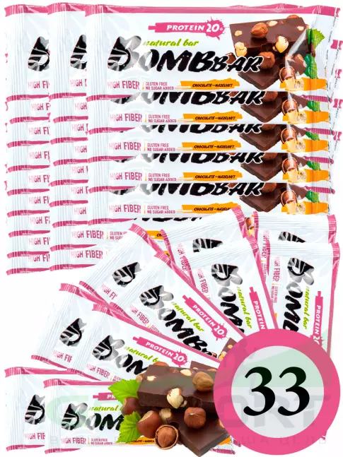 Протеиновый батончик BombBar Protein Bar 33 x 60 г, Шоколад - Фундук