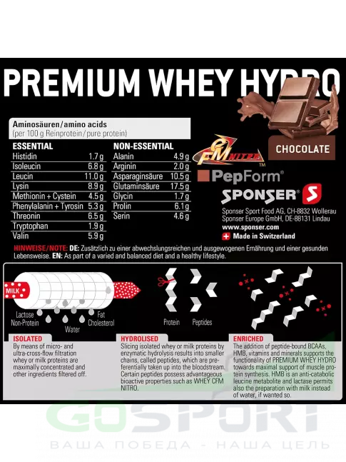 Изолят протеина SPONSER PREMIUM WHEY HYDRO 850 г, Шоколад