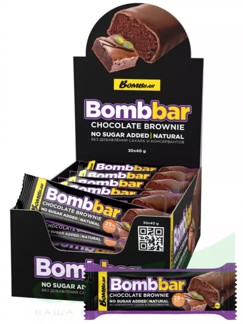 Протеиновый батончик BombBar Батончик в шоколаде без сахара 30 x 40 г, Шоколадный брауни
