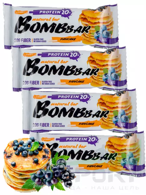 Протеиновый батончик BombBar Protein Bar 4 x 60 г, Смородиново-черничный панкейк