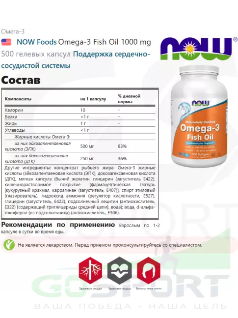 Омега-3 NOW Foods Omega-3 Fish Oil 1000 mg 500 гелевых капсул