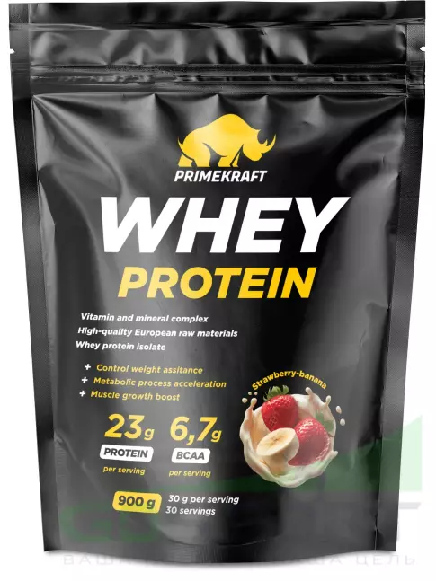 Сывороточный протеин PRIMEKRAFT Whey Protein дойпак 900 г, Клубника-банан