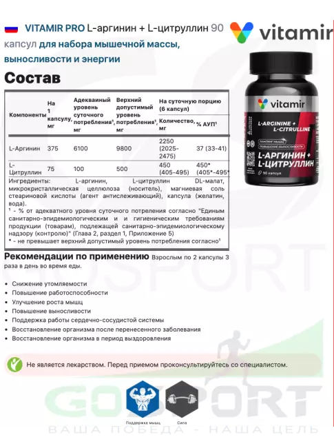 Аминокислоты VITAMIR PRO L-аргинин + L-цитруллин 90 капсул